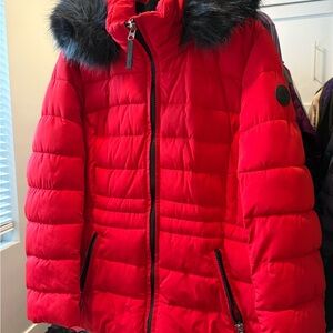 Calvin Klein Red Puffer Jacket with extra fluffy Faux Fur hood
